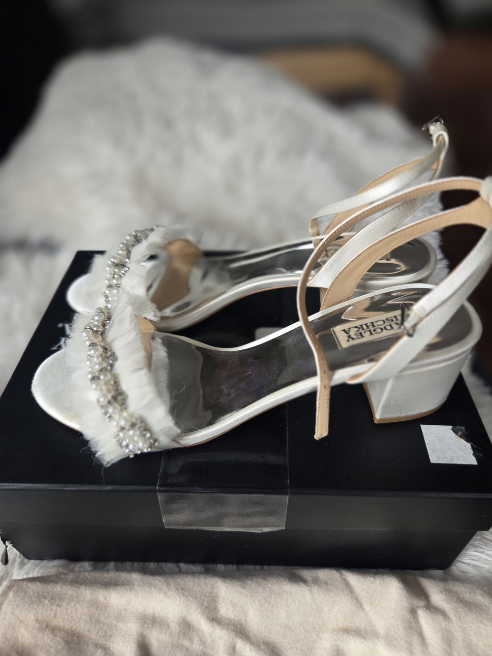 Badgley Mischka White Embellished Satin Low Heel Sandals , Joanne